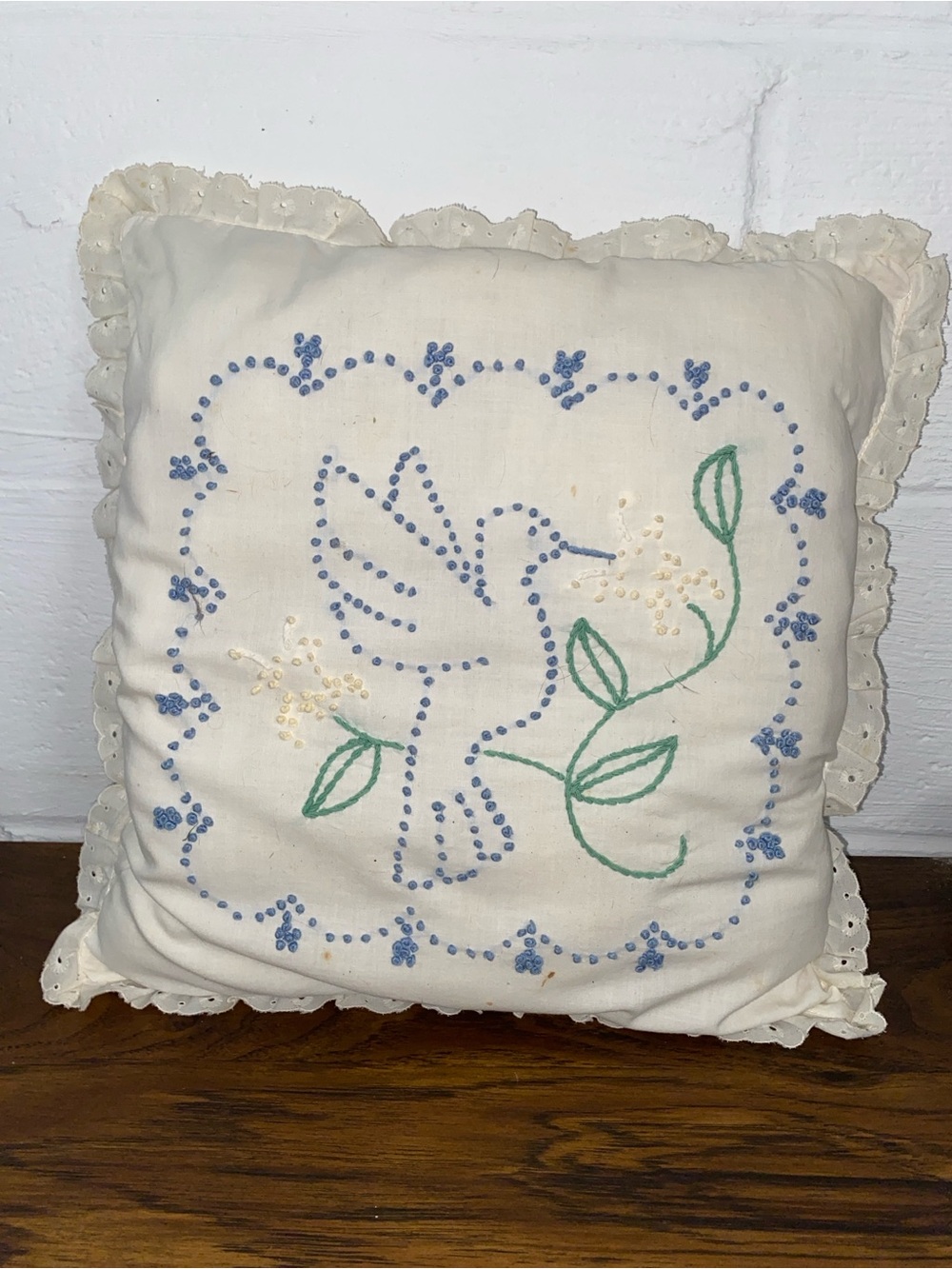 Embroidered White Decorative Pillow with Blue and Green Accents